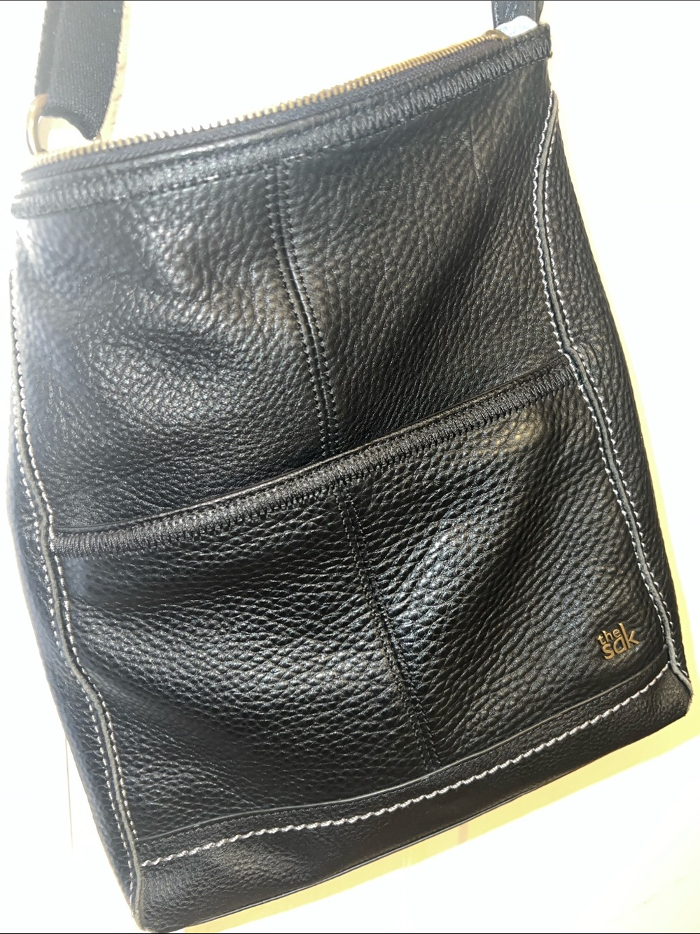 The Sak Black Pebbled Leather Crossbody Shoulder Bag with White Stitching